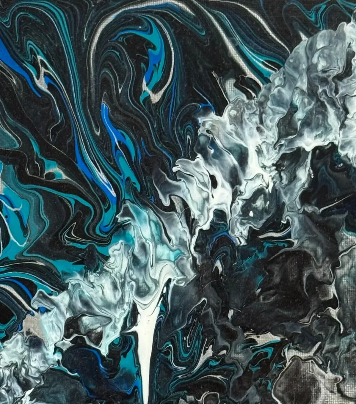 Fluid pour on canvas. Ribbons of cobalt, turquoise and white marble across a near-black ground, and the right half erupts into pale grey and white plumes like surf breaking over dark rock. The paint is thin enough that the canvas weave shows through. Cold, turbulent, oceanic.