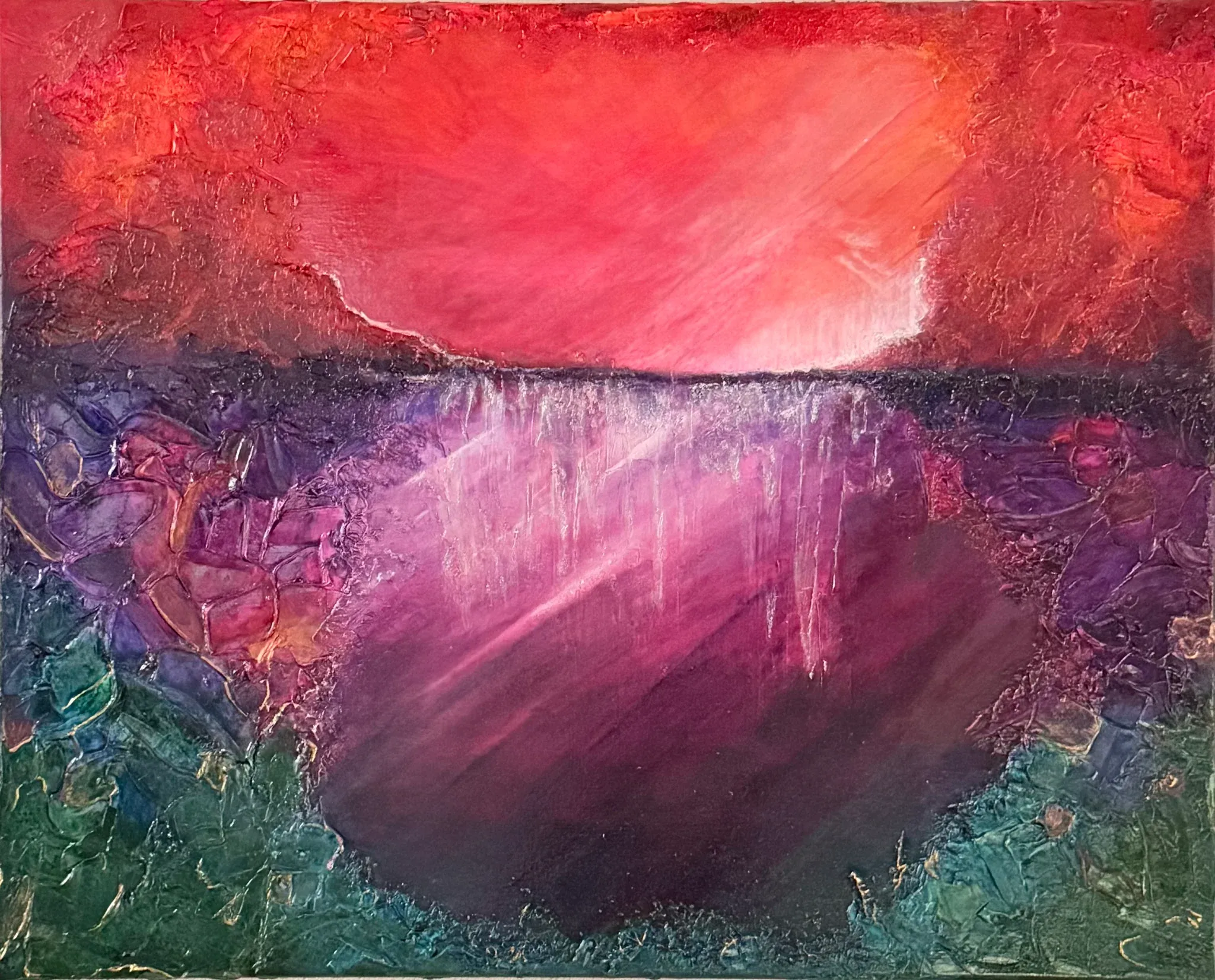 A burning red and orange sky over a dark horizon line, with a pale glow breaking through at its centre. Below it, a deep aubergine basin streaked with white drips, ringed by thickly troweled impasto in purple, teal and green. Volcanic, heavy, elegiac.