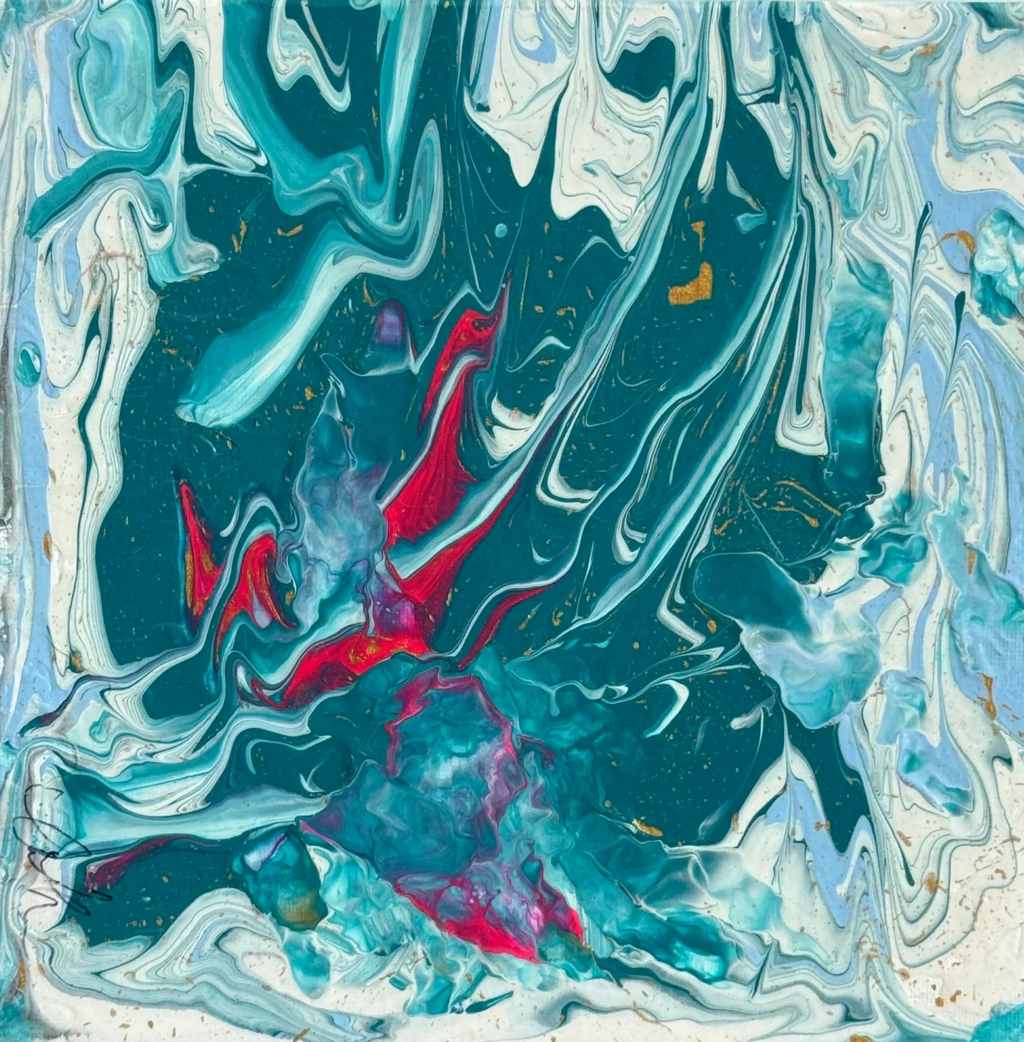 A fluid pour in deep teal, with white and pale blue cells marbling outward to the edges and veins of crimson and magenta cutting through the centre. Flecks of gold are scattered across it, and raw canvas shows at the corners. Turbulent, jewel-bright, alive.