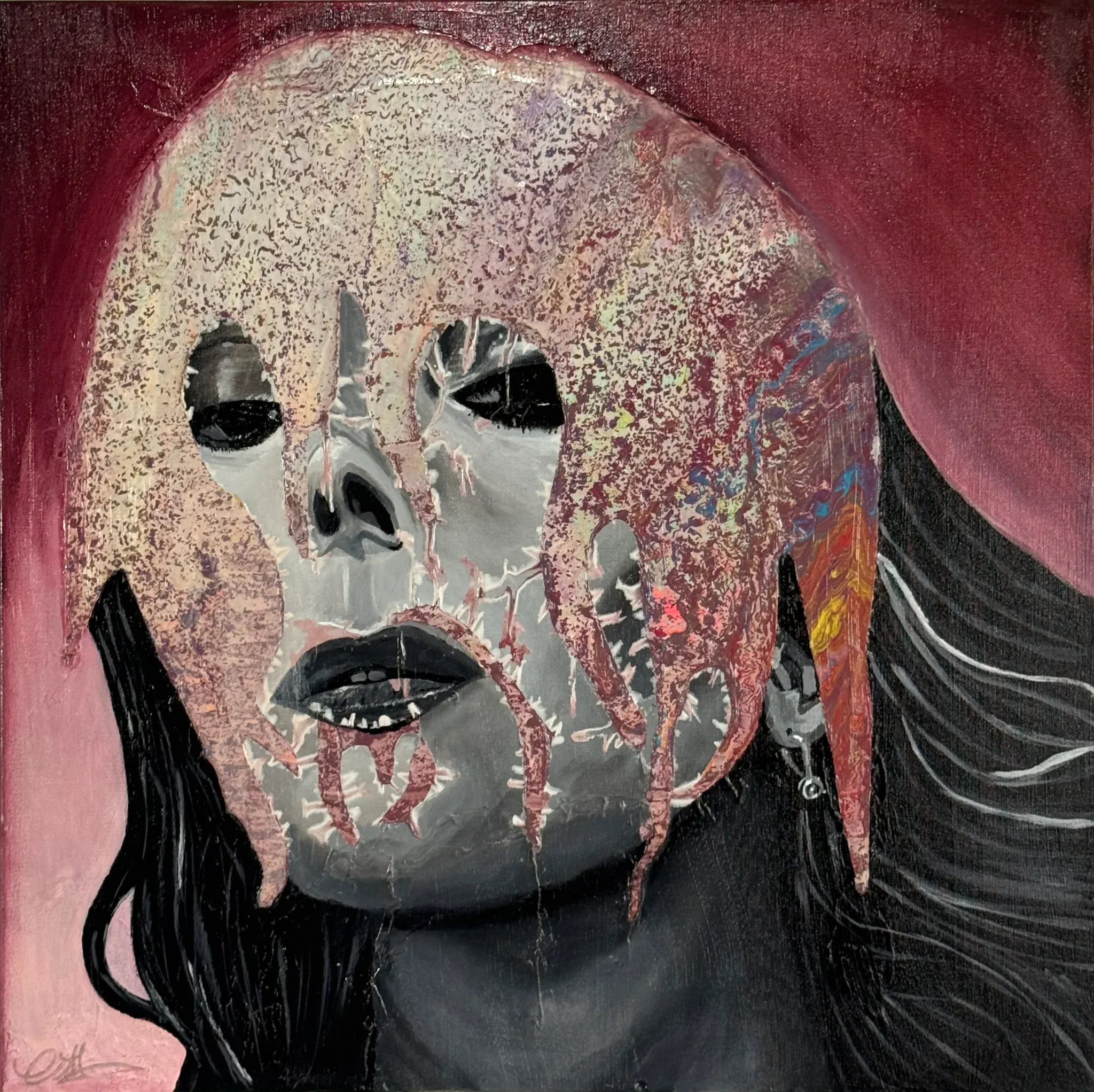 A woman's face in cool greys and bone white, the upper half dissolving into crusted pink and cream texture like flaking plaster. Heavy black hair falls on either side against a deep wine-red ground, and rivulets of rose and coral run down one cheek. Battered, tender, unsettling.