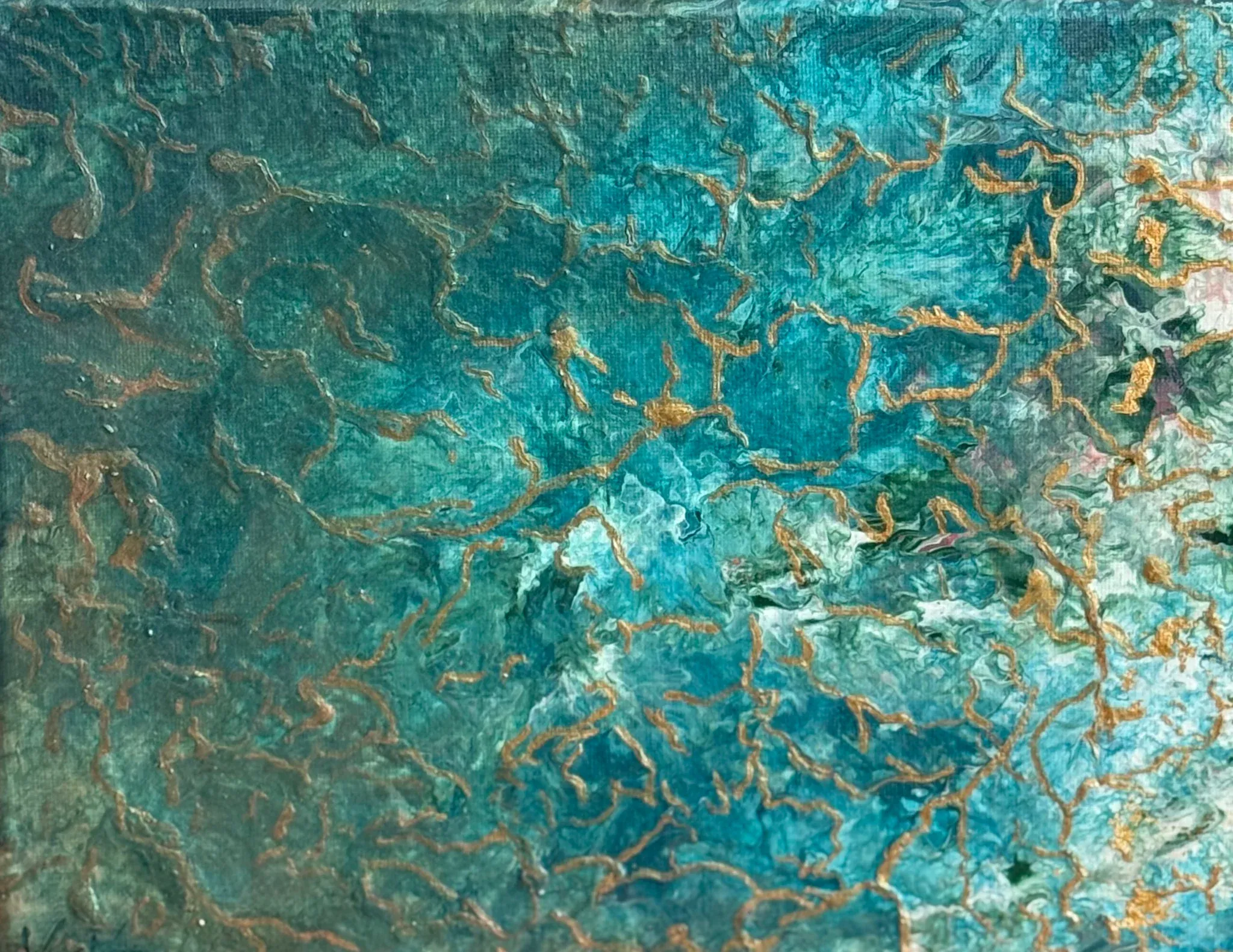 A close, all-over field of turquoise and sea green with a crackled, encrusted surface. Fine copper and gold veins branch across it like coral or lichen, and pale blooms of white and blush open along the right edge. Textural, oxidised, oceanic.