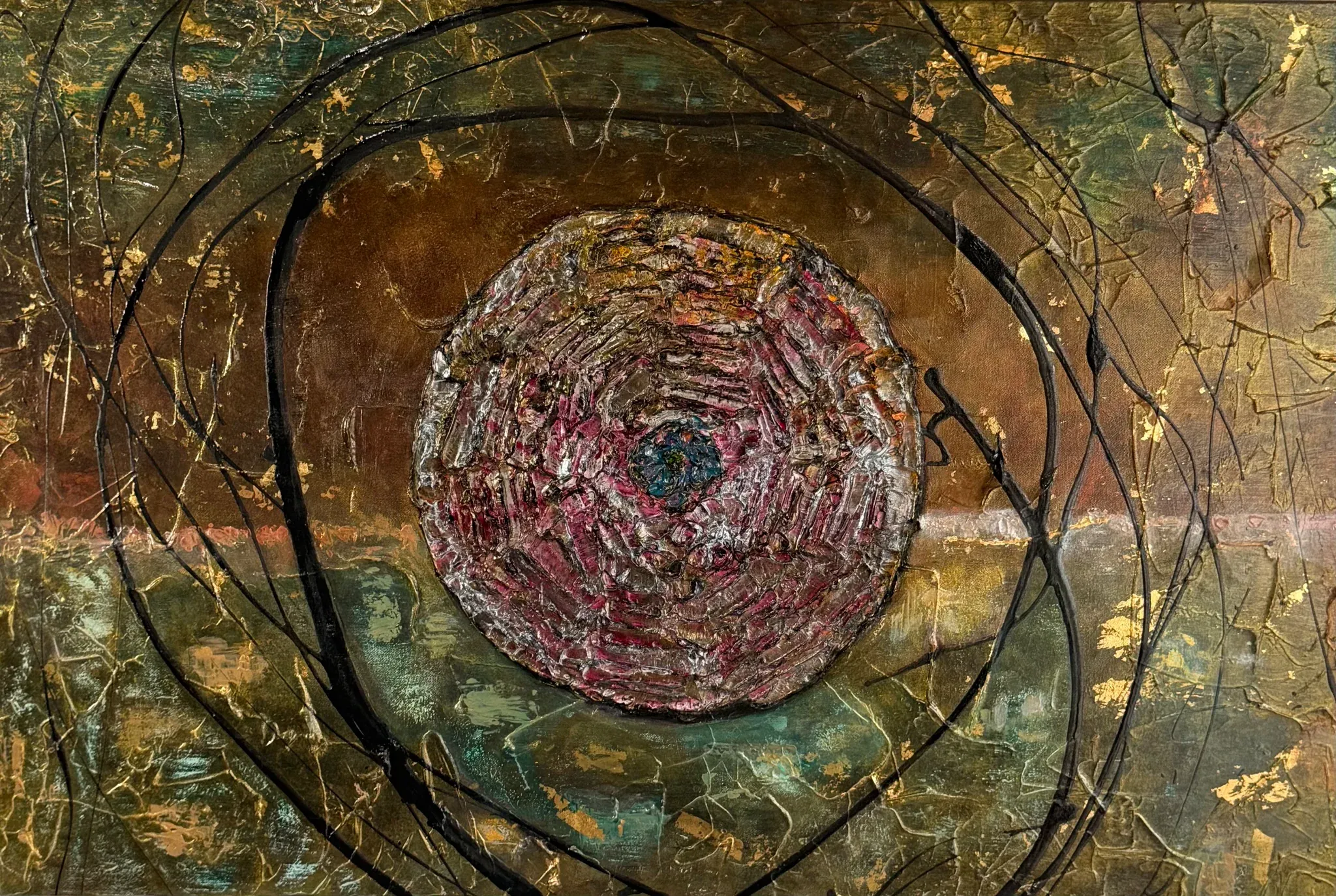 A disc of rose, ochre and silver worked in short radiating strokes sits at the centre, its core a small dark teal eye. Concentric black lines loop around it across a ground of copper, bronze, green and gold leaf, cracked and mottled. Alchemical, ancient, watchful.