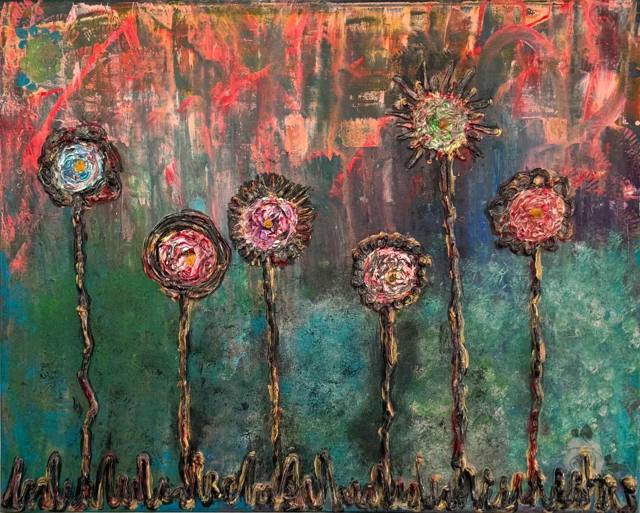 Six long-stemmed flowers stand in a row, their heads built from thick swirled impasto in pink, cream, blue and gold, one of them bursting into a spiked green star. The ground behind moves from teal and green at the base up into smoky rose and salmon. A line of dark scribbled marks runs along the bottom like grass, or like handwriting. Sparse, ceremonial, melancholy.