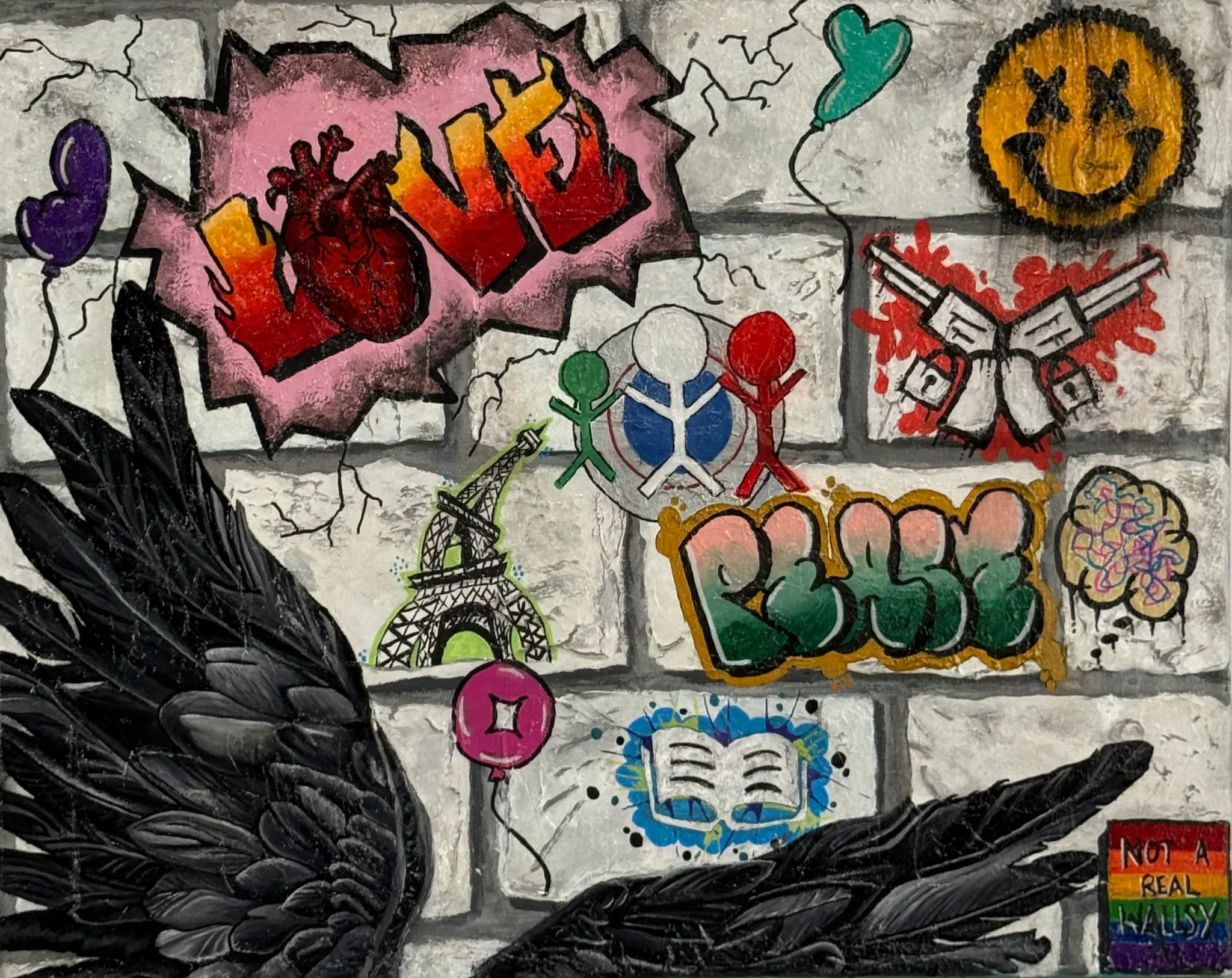 A painted grey brick wall covered in graffiti: the word LOVE in pink and orange with an anatomical heart in place of the O, a yellow smiley with crossed-out eyes, crossed pistols in a spray of red, an open book, an Eiffel Tower, small stick figures and balloons. Two large black feathered wings rise from the bottom corners. A small rainbow tag in the corner reads NOT A REAL BANKSY. Wry, crowded, defiant.