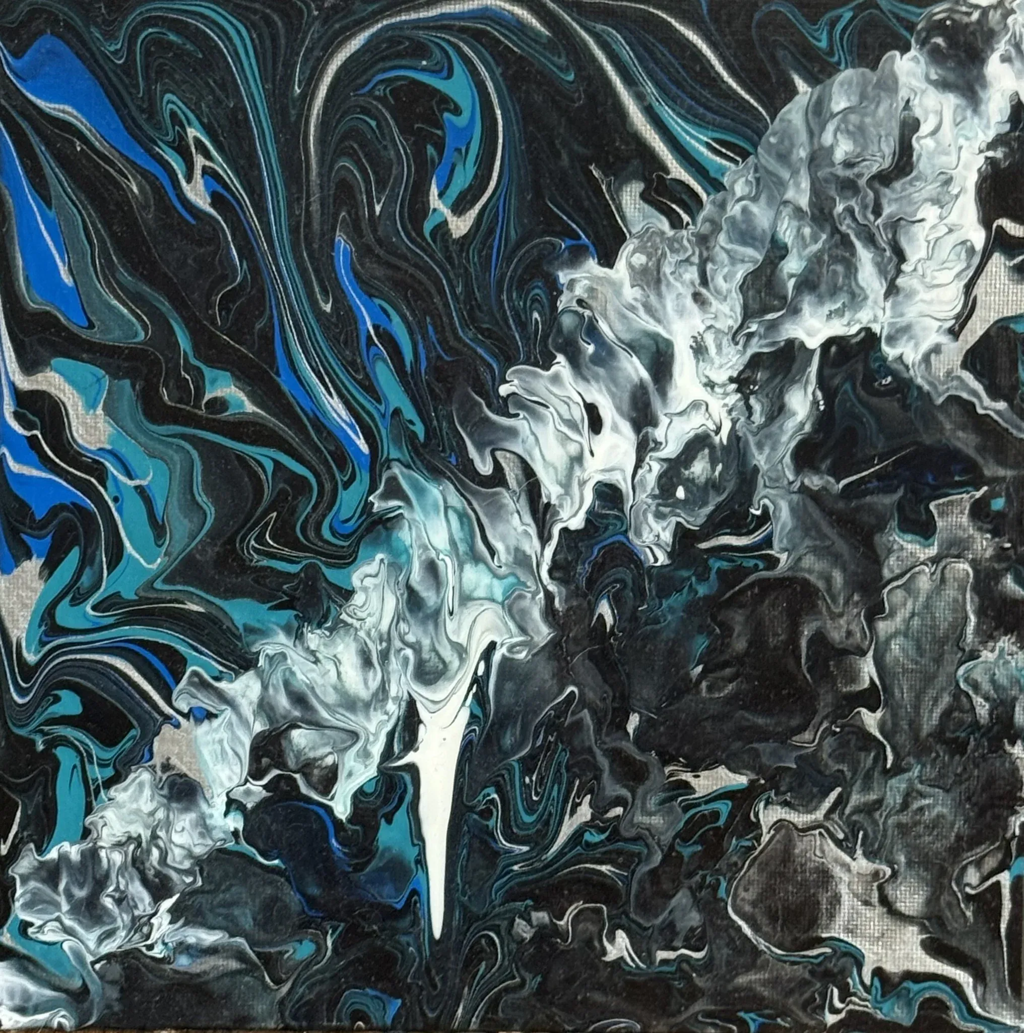 Fluid pour painting on square canvas. Ribbons of cobalt and turquoise cut through a near-black ground while thick white and silver plumes break across the right side, like surf caught mid-crash. Glossy, high-contrast, restless.