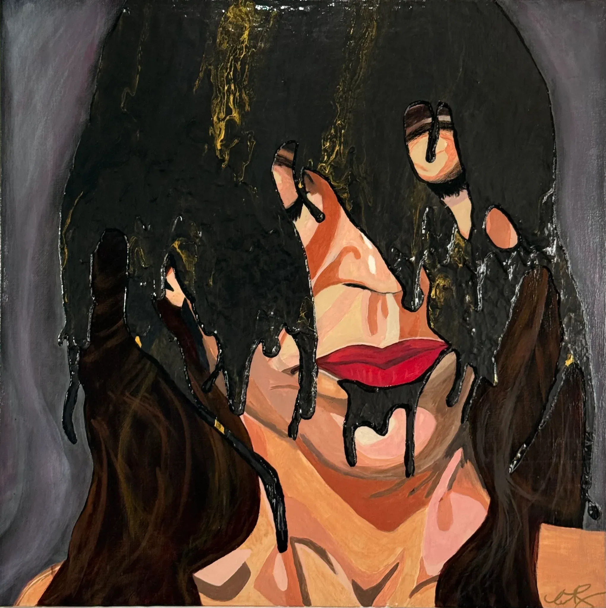 A woman's face in flat warm peach and coral, her eyes hidden under a mass of glossy black paint that pours over her brow and drips from her chin. Red lips. Long brown hair falls either side against a soft grey ground, with a few threads of gold running through the black. Graphic, glossy, obscured.